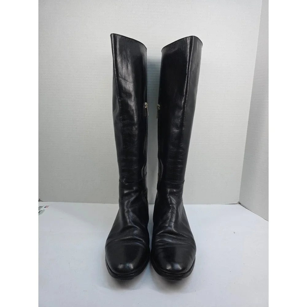 Jimmy Choo Black Leather Tall Knee High Boots Flat Wedge Italy Womens 38.5